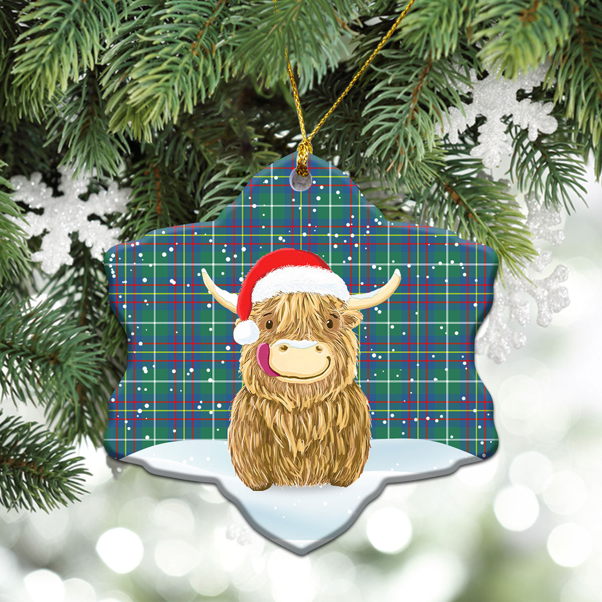 Inglis Ancient Tartan Christmas Ceramic Ornament - Highland Cows Style