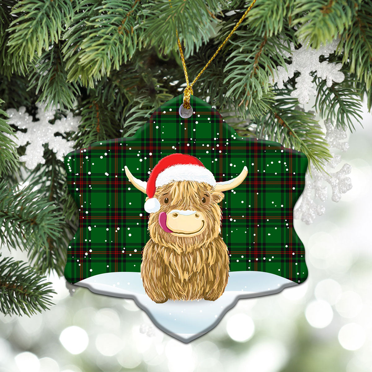 Kinloch Tartan Christmas Ceramic Ornament - Highland Cows Style