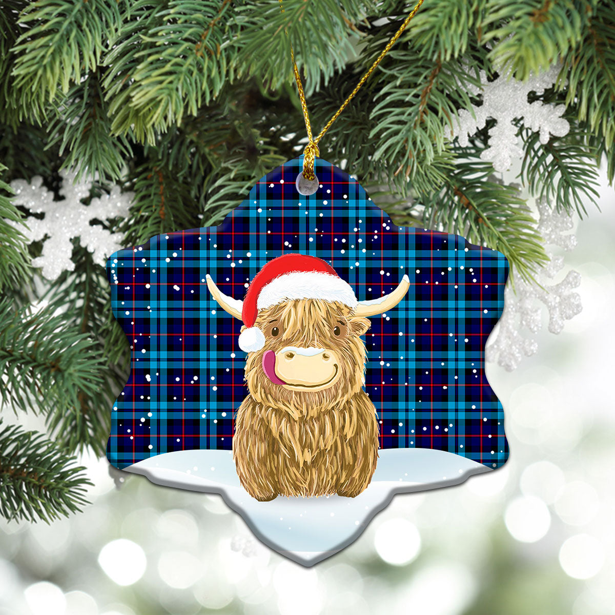 MacCorquodale Tartan Christmas Ceramic Ornament - Highland Cows Style