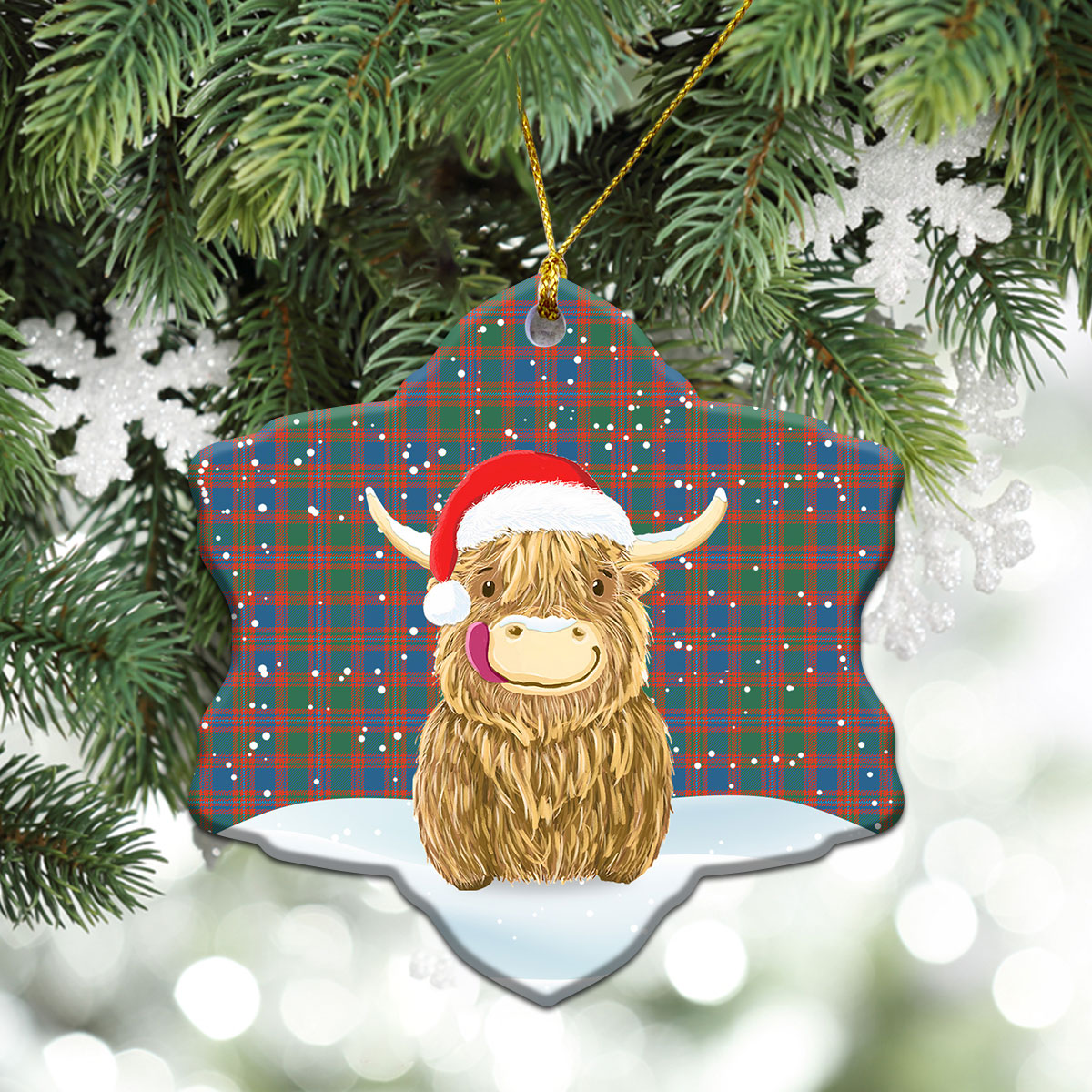 MacIntyre Ancient Tartan Christmas Ceramic Ornament - Highland Cows Style