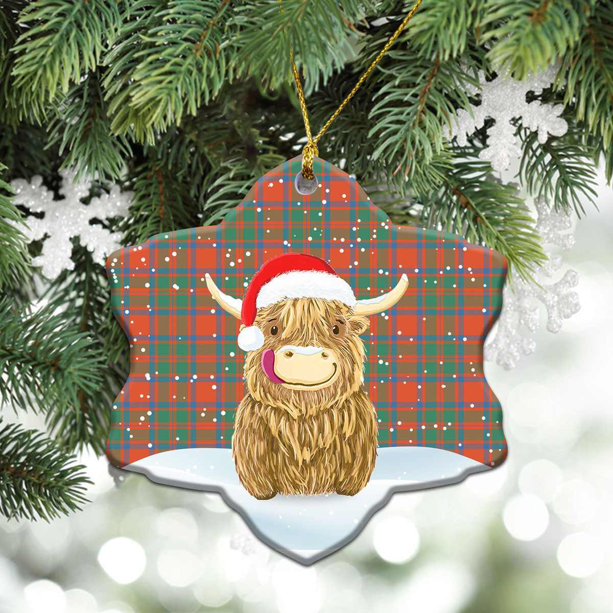 MacKintosh Ancient Tartan Christmas Ceramic Ornament - Highland Cows Style