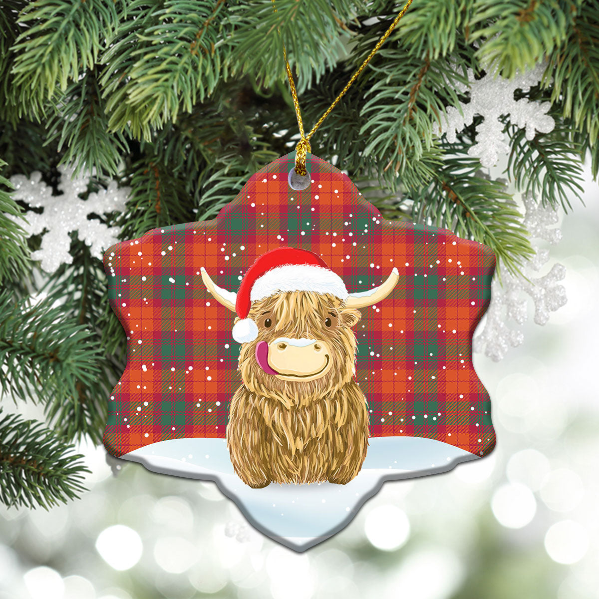 MacNab Ancient Tartan Christmas Ceramic Ornament - Highland Cows Style