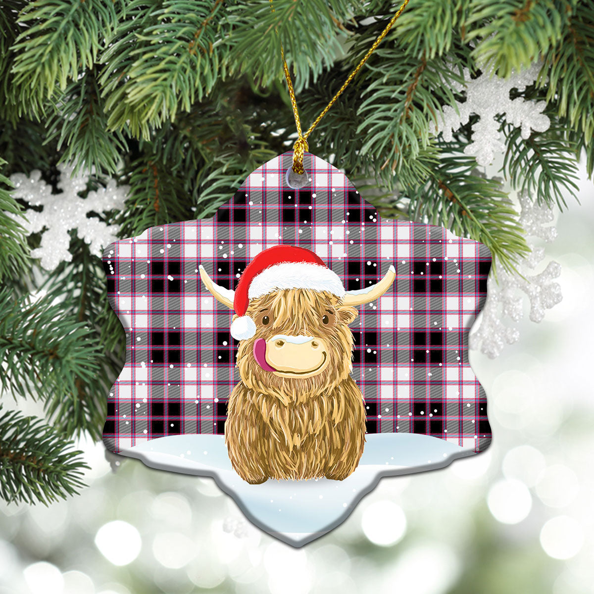 MacPherson Hunting Modern Tartan Christmas Ceramic Ornament - Highland Cows Style