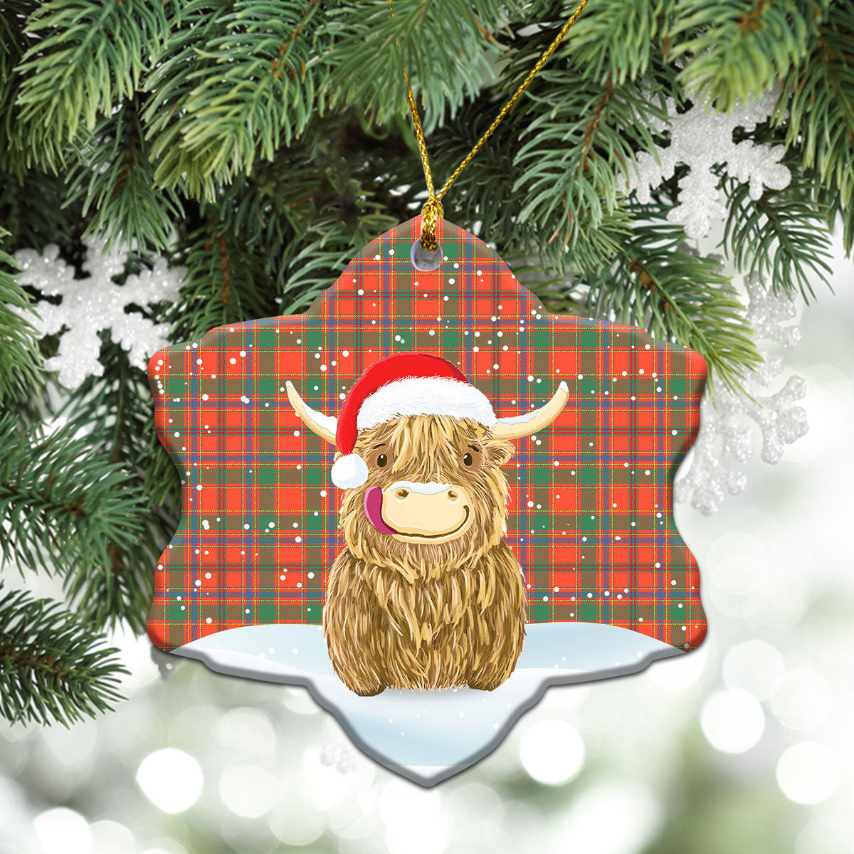 Munro Ancient Tartan Christmas Ceramic Ornament - Highland Cows Style