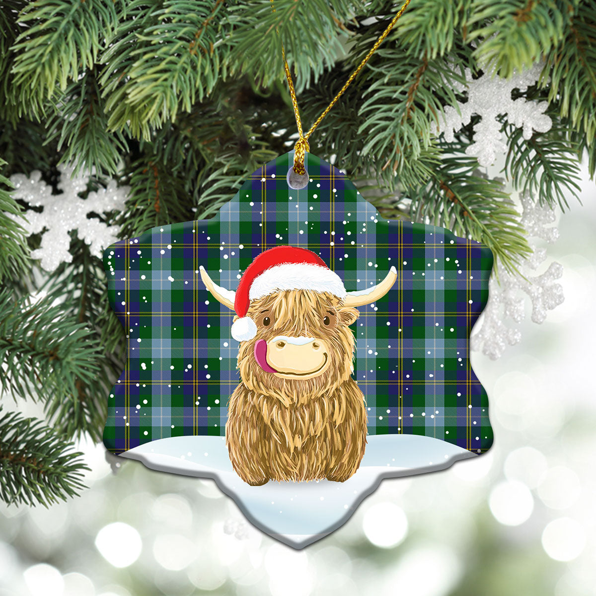 Porteous Tartan Christmas Ceramic Ornament - Highland Cows Style