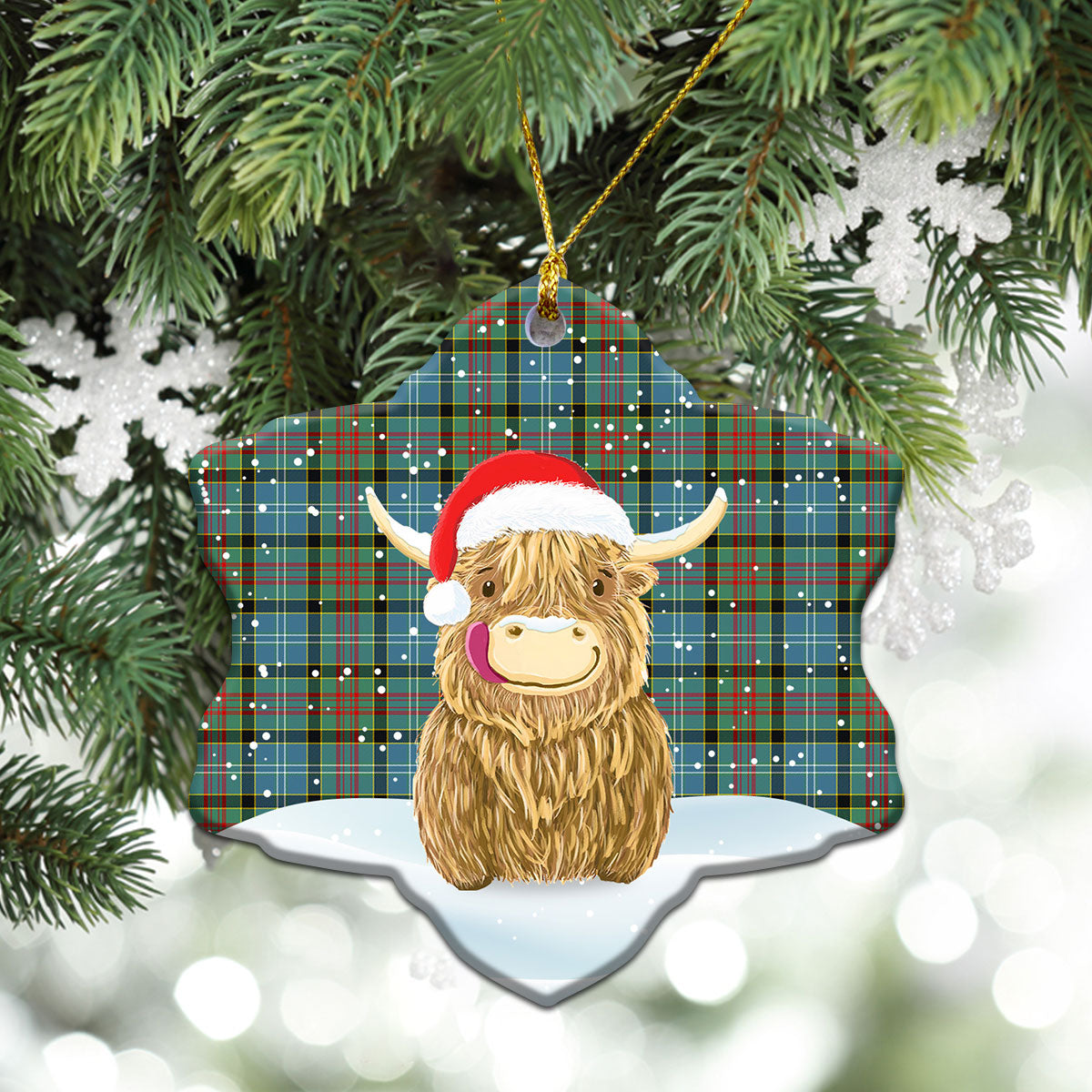 Porterfield Tartan Christmas Ceramic Ornament - Highland Cows Style