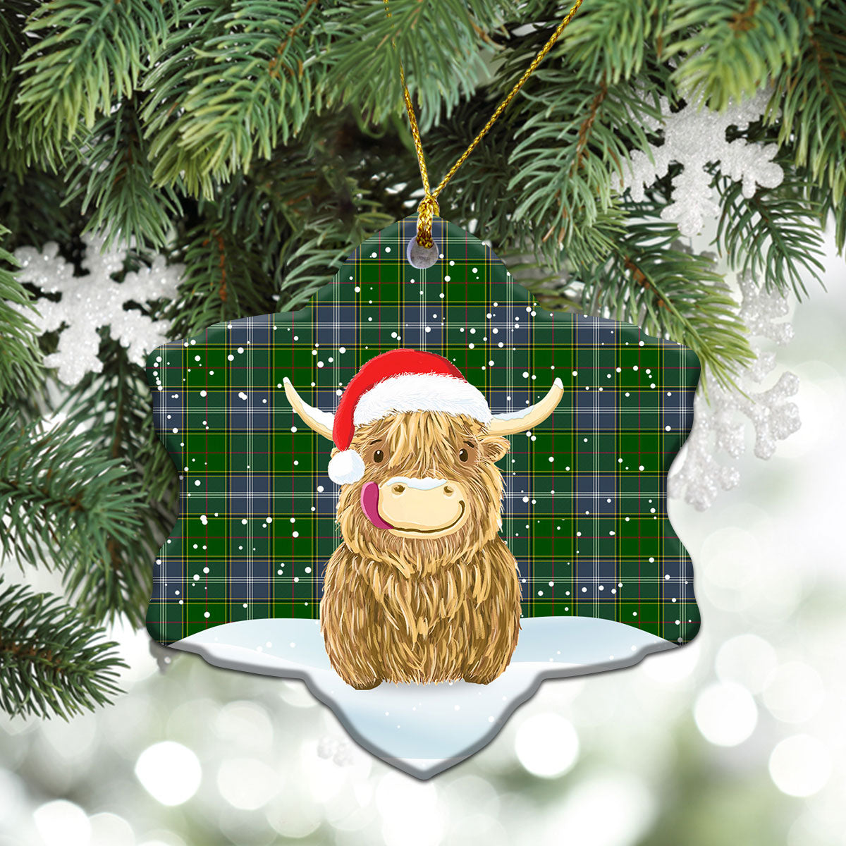 Pringle Tartan Christmas Ceramic Ornament - Highland Cows Style