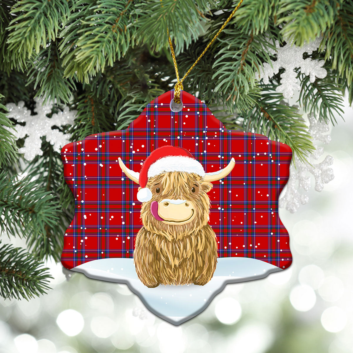Rait Tartan Christmas Ceramic Ornament - Highland Cows Style