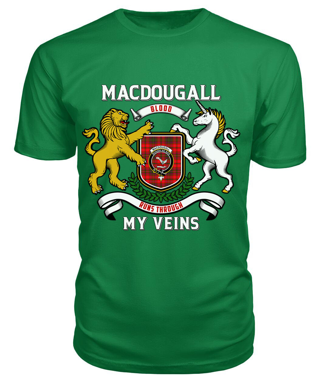 MacDougall Modern Tartan Crest 2D T-shirt - Blood Runs Through My Veins Style