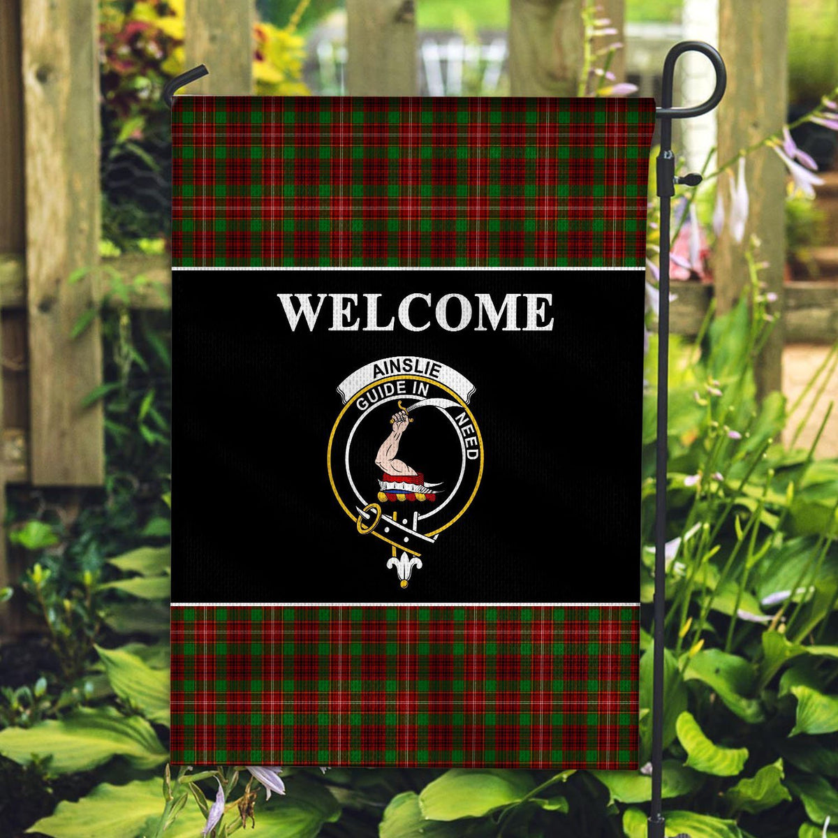 Ainslie Tartan Crest Black Garden Flag