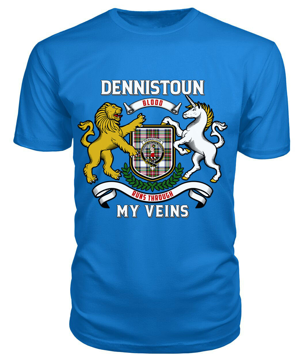 Dennistoun Tartan Crest 2D T-shirt - Blood Runs Through My Veins Style