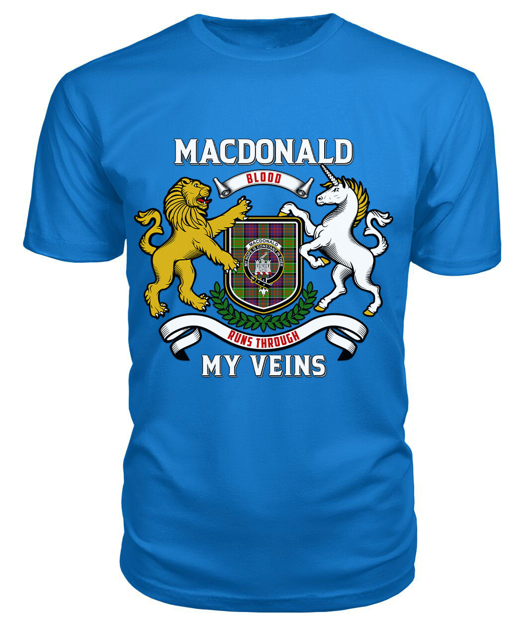 MacDonald (Clan Ranald) Tartan Crest 2D T-shirt - Blood Runs Through My Veins Style