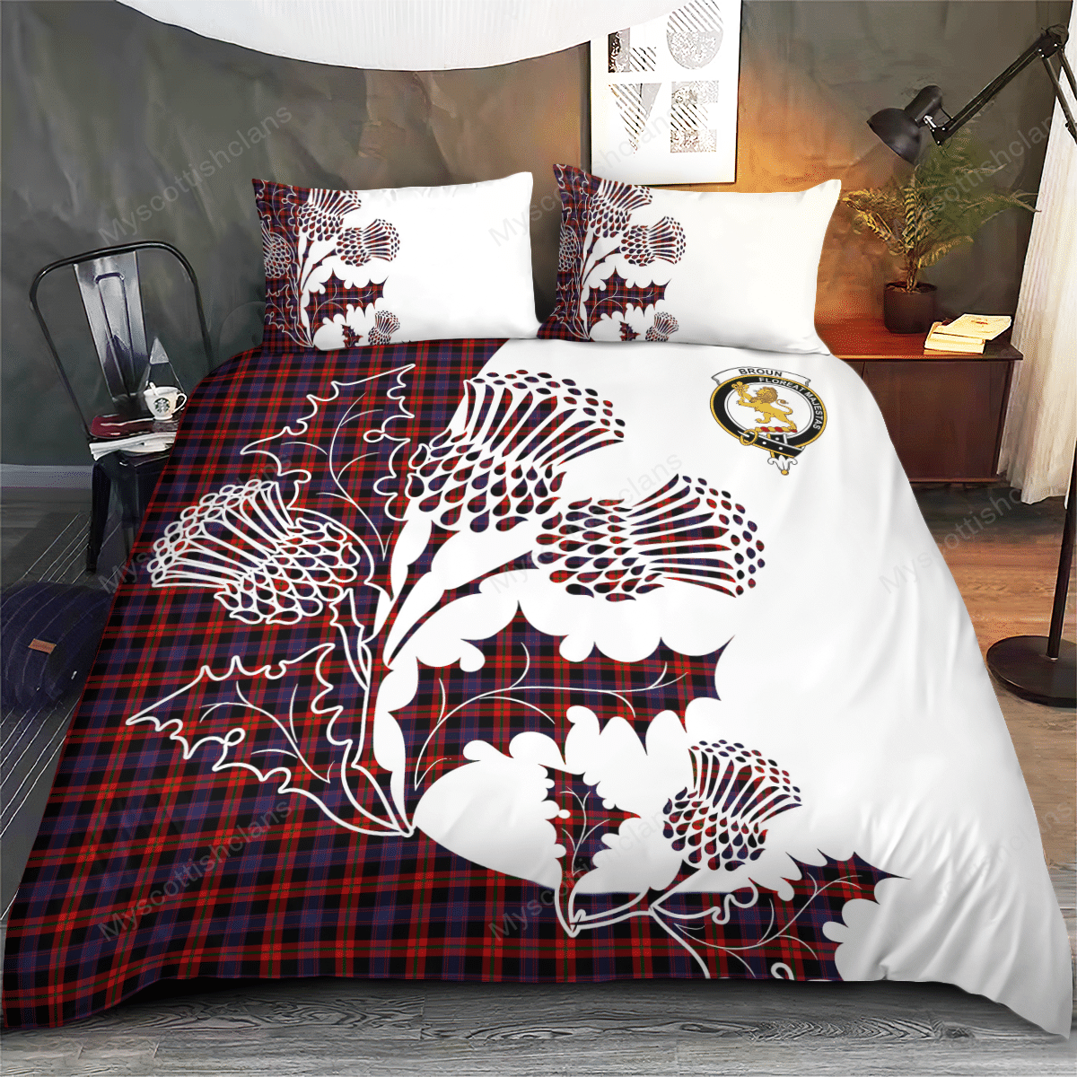 Broun Tartan Crest Bedding Set - Thistle Style