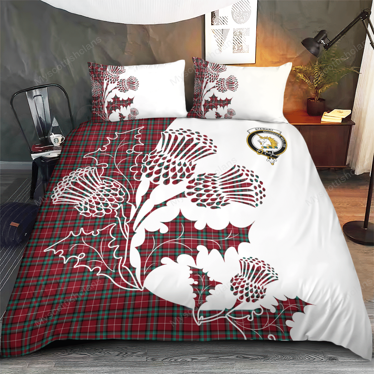 Stewart (Stuart) of Bute Tartan Crest Bedding Set - Thistle Style