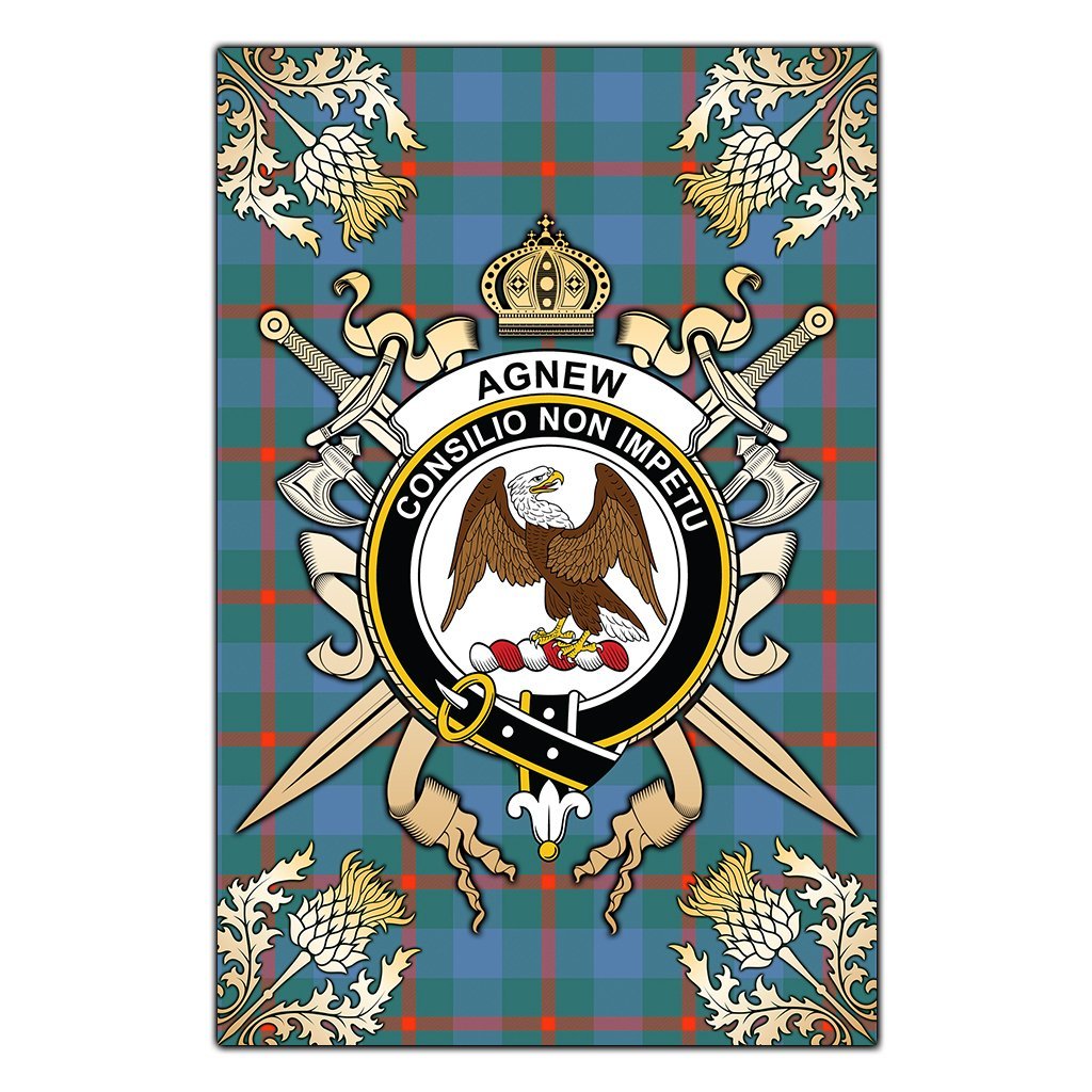 Agnew Ancient Tartan Crest Black Garden Flag - Gold Thistle Style