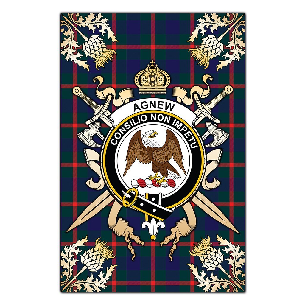 Agnew Modern Tartan Crest Black Garden Flag - Gold Thistle Style