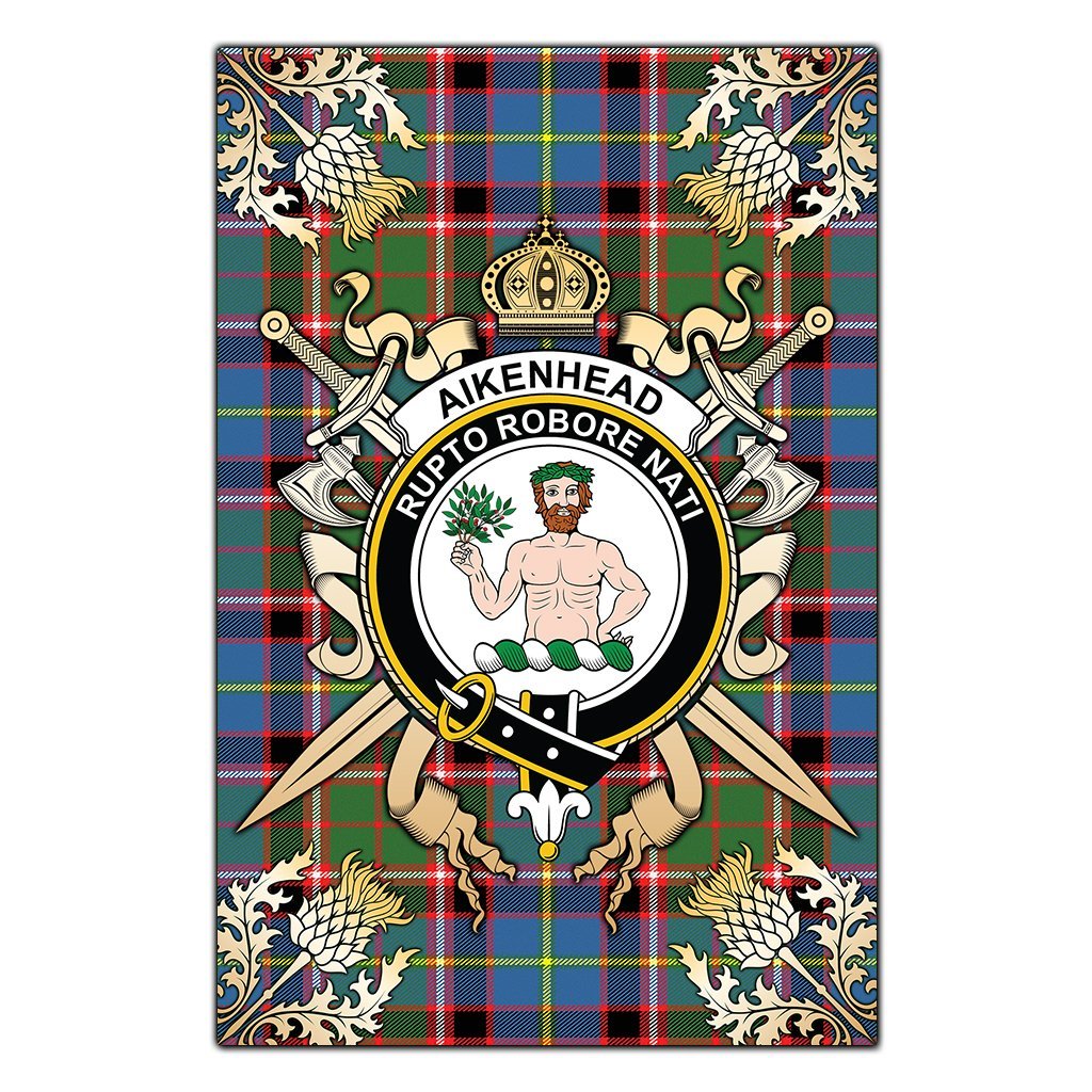 Aikenhead Tartan Crest Black Garden Flag - Gold Thistle Style