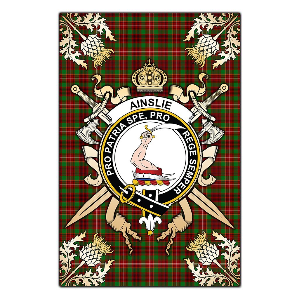 Ainslie Tartan Crest Black Garden Flag - Gold Thistle Style