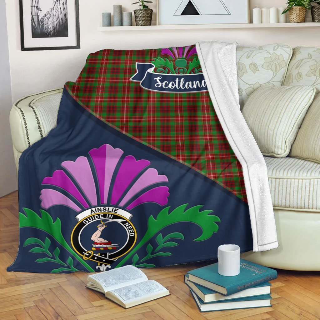 Ainslie Tartan Crest Premium Blanket - Thistle Style