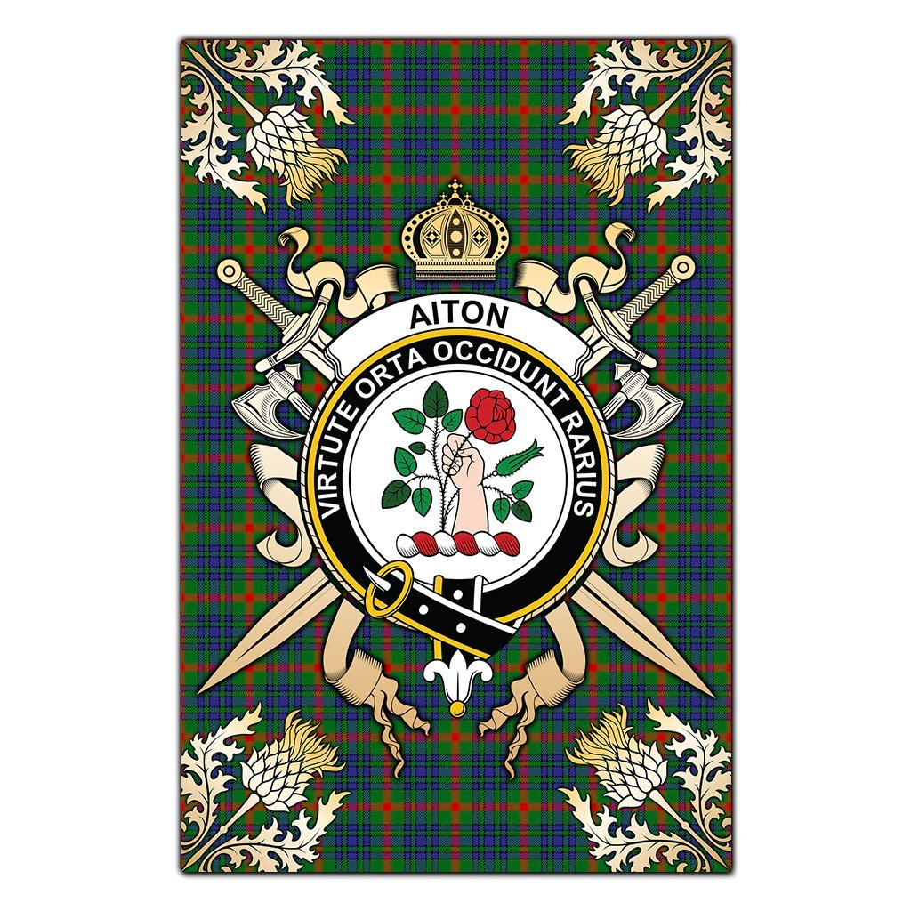 Aiton Tartan Crest Black Garden Flag - Gold Thistle Style