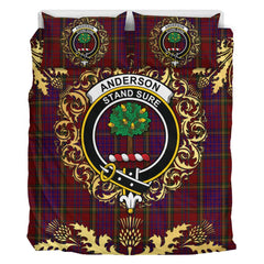 Anderson of Kinnedear Red Tartan Crest Bedding Set - Golden Thistle Style