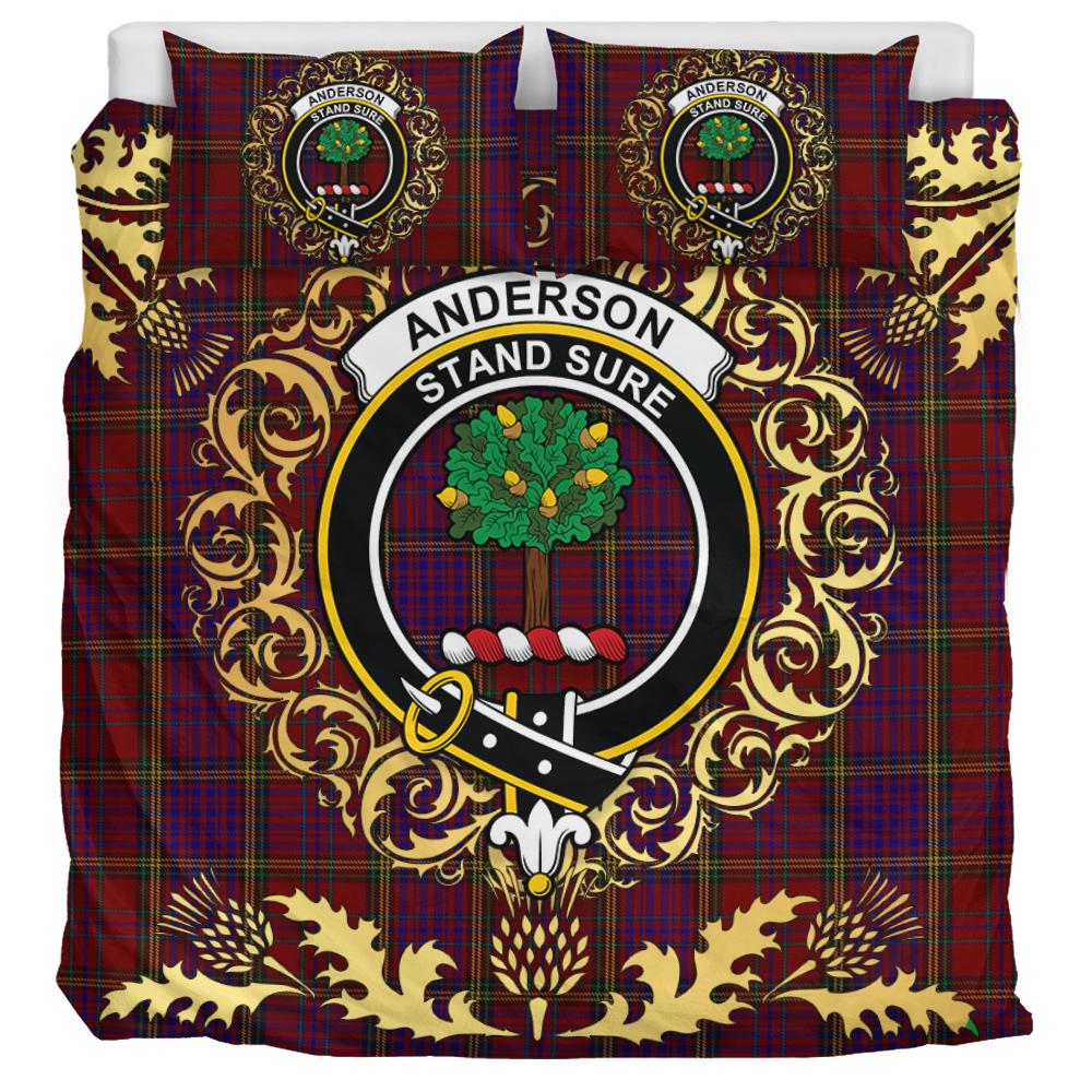 Anderson of Kinnedear Red Tartan Crest Bedding Set - Golden Thistle Style