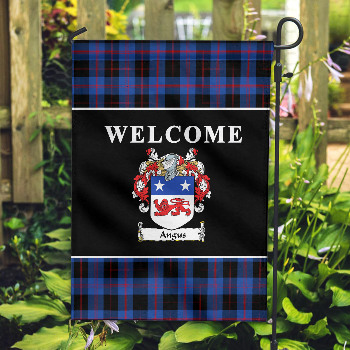 Angus Modern Tartan Crest Black Garden Flag