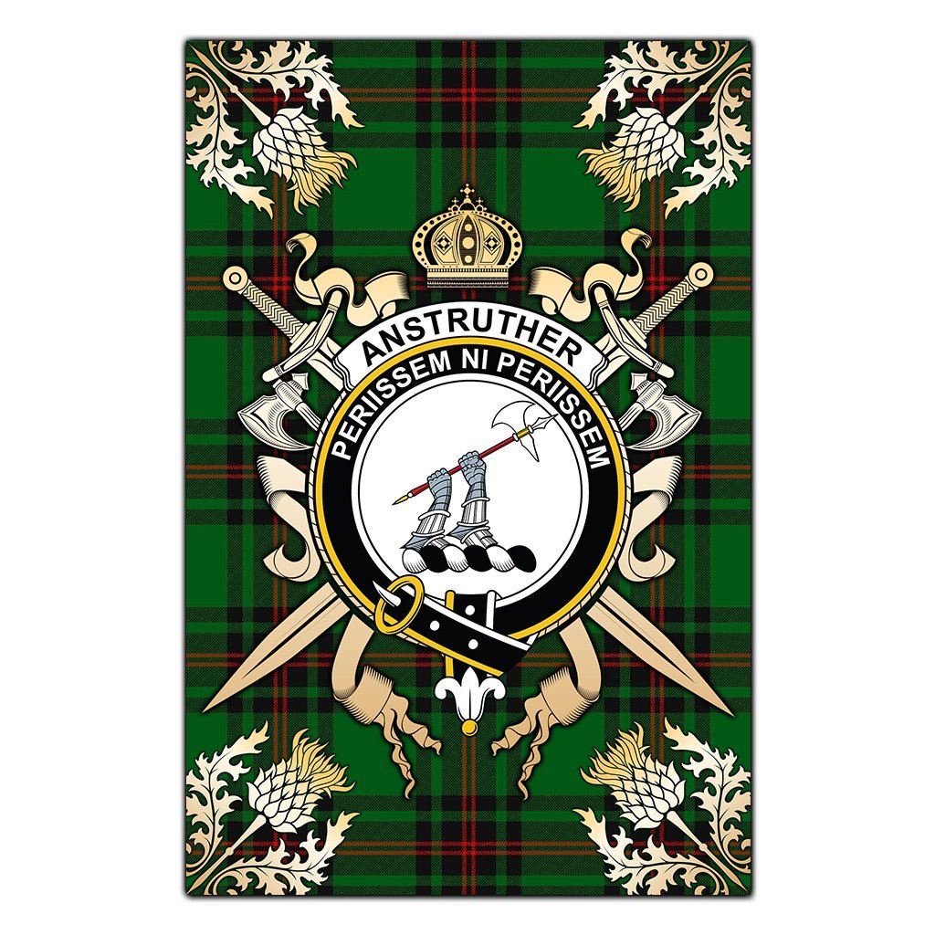 Anstruther Tartan Crest Black Garden Flag - Gold Thistle Style