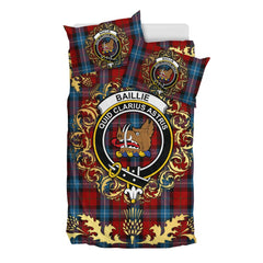 Baillie of Polkemmet Red Tartan Crest Bedding Set - Golden Thistle Style