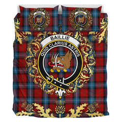 Baillie of Polkemmet Red Tartan Crest Bedding Set - Golden Thistle Style