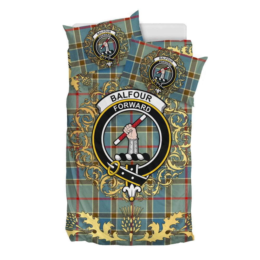 Balfour Blue Tartan Crest Bedding Set - Golden Thistle Style