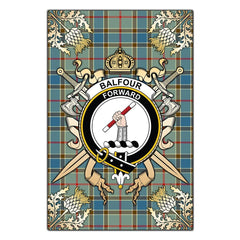 Balfour Blue Tartan Crest Black Garden Flag - Gold Thistle Style