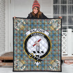 Balfour Blue Tartan Crest Premium Quilt - Gold Thistle Style