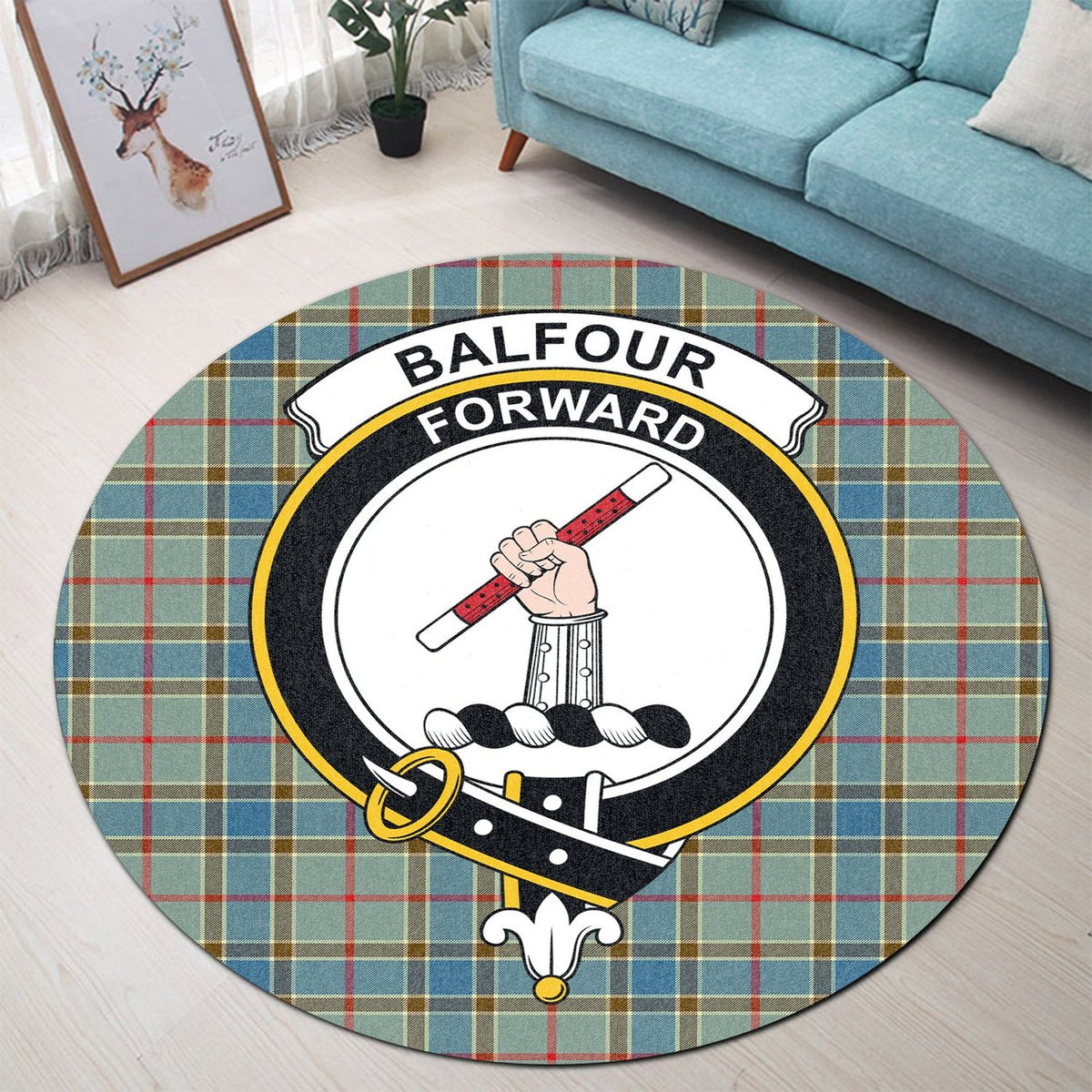Balfour Blue Tartan Crest Round Rug