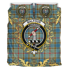 Balfour Blue Tartan Crest Bedding Set - Golden Thistle Style