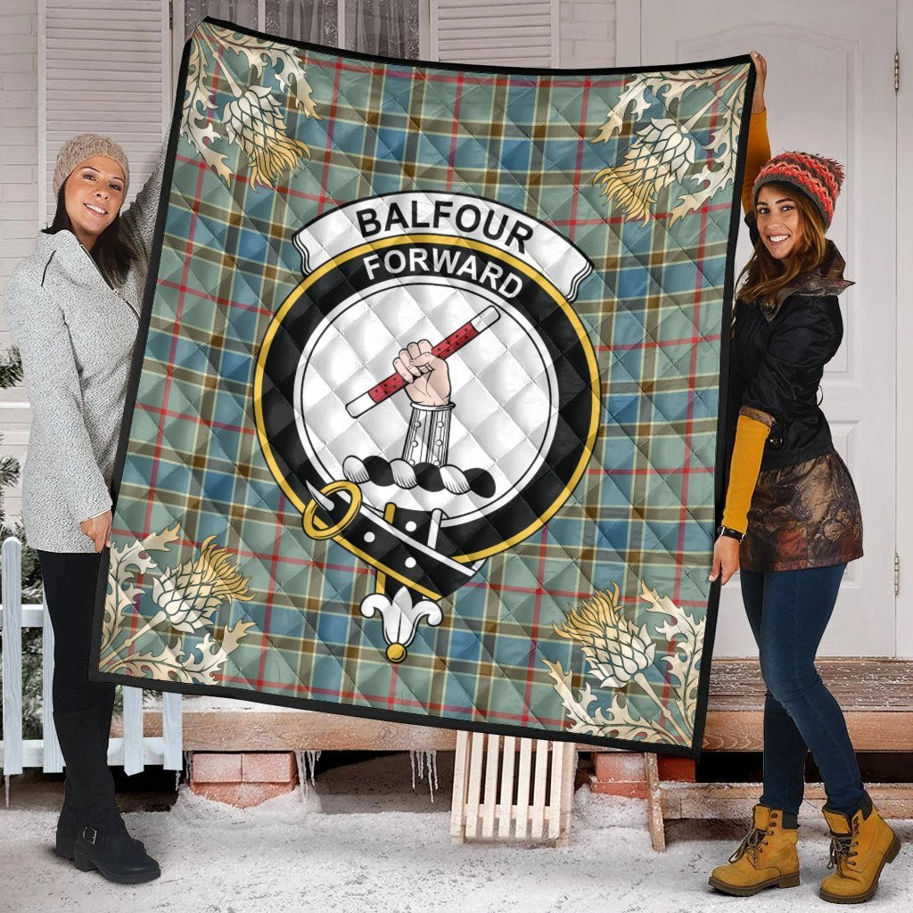 Balfour Blue Tartan Crest Premium Quilt - Gold Thistle Style