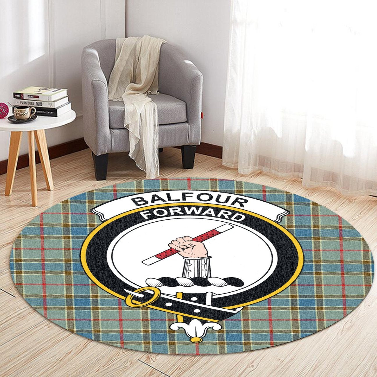 Balfour Blue Tartan Crest Round Rug