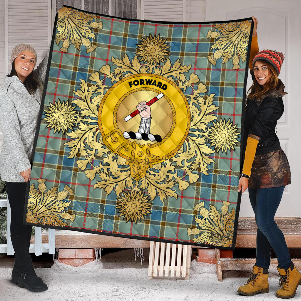 Balfour Blue Tartan Crest Premium Quilt - Gold Thistle Style