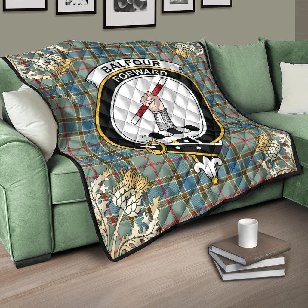 Balfour Blue Tartan Crest Premium Quilt - Gold Thistle Style