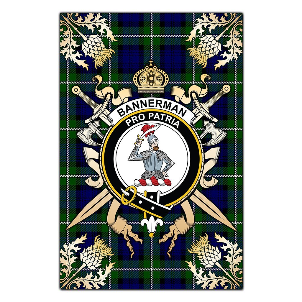 Bannerman Tartan Crest Black Garden Flag - Gold Thistle Style