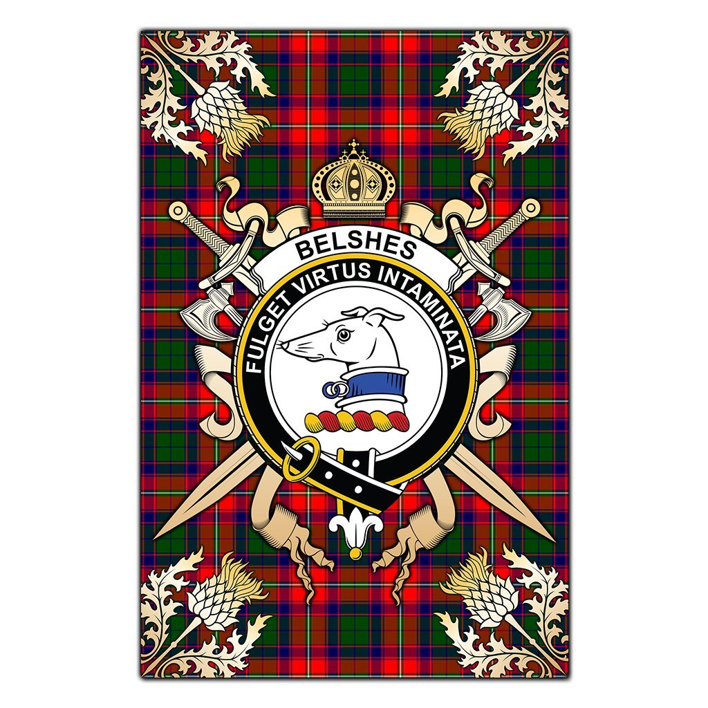 Belshes Tartan Crest Black Garden Flag - Gold Thistle Style