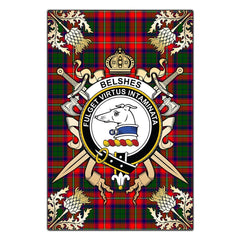 Belshes Tartan Crest Black Garden Flag - Gold Thistle Style