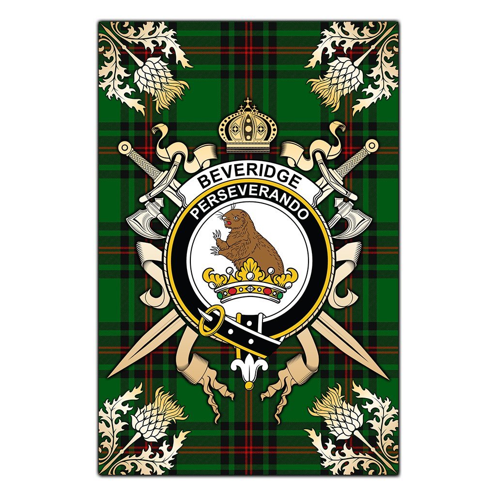 Beveridge Tartan Crest Black Garden Flag - Gold Thistle Style