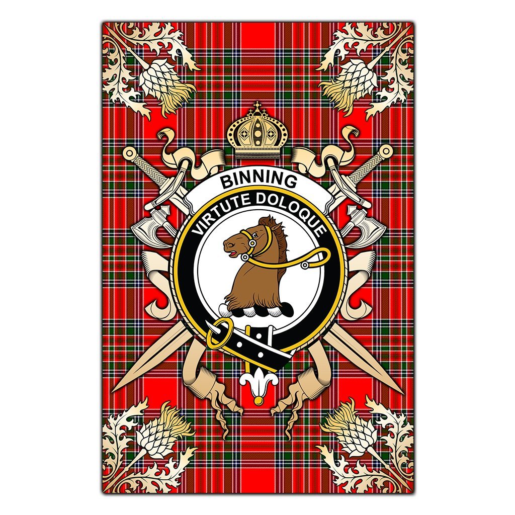 Binning Tartan Crest Black Garden Flag - Gold Thistle Style