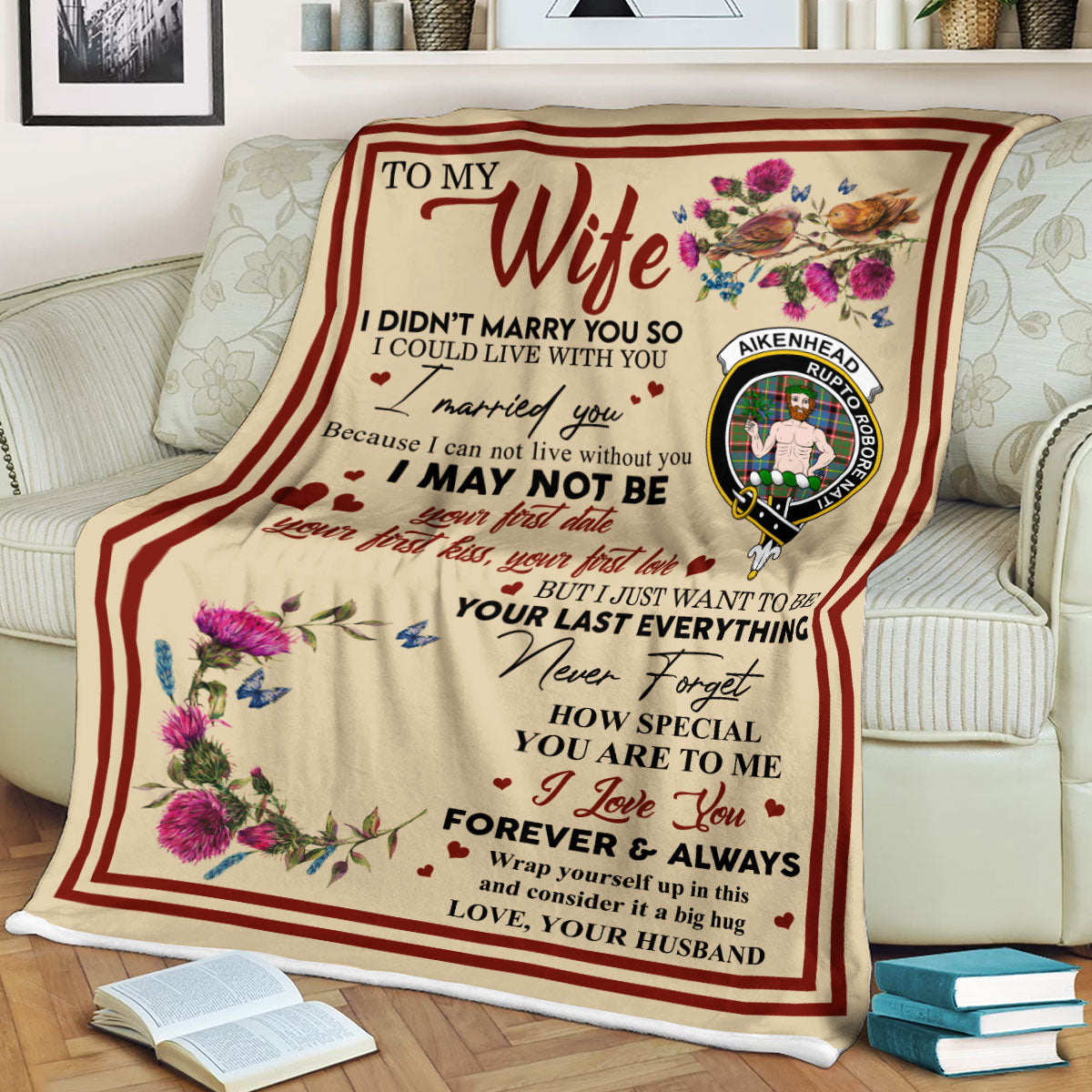 Scots Print Blanket - Aikenhead Tartan Crest Blanket To My Wife Style, Gift From Scottish Husband