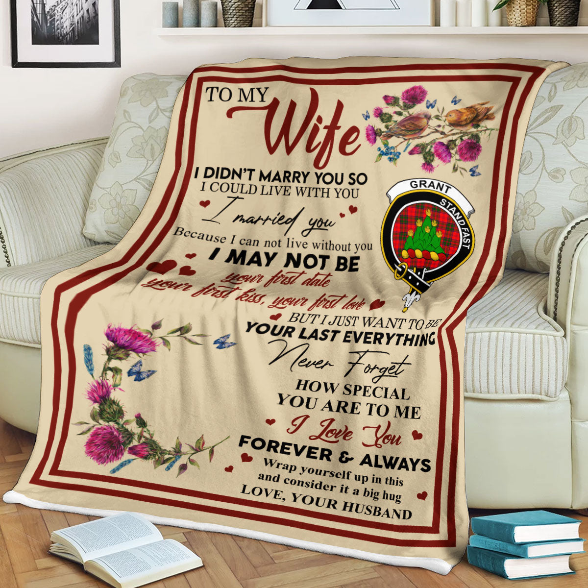 Scots Print Blanket - Grant Tartan Crest Blanket To My Wife Style, Gift From Scottish Husband