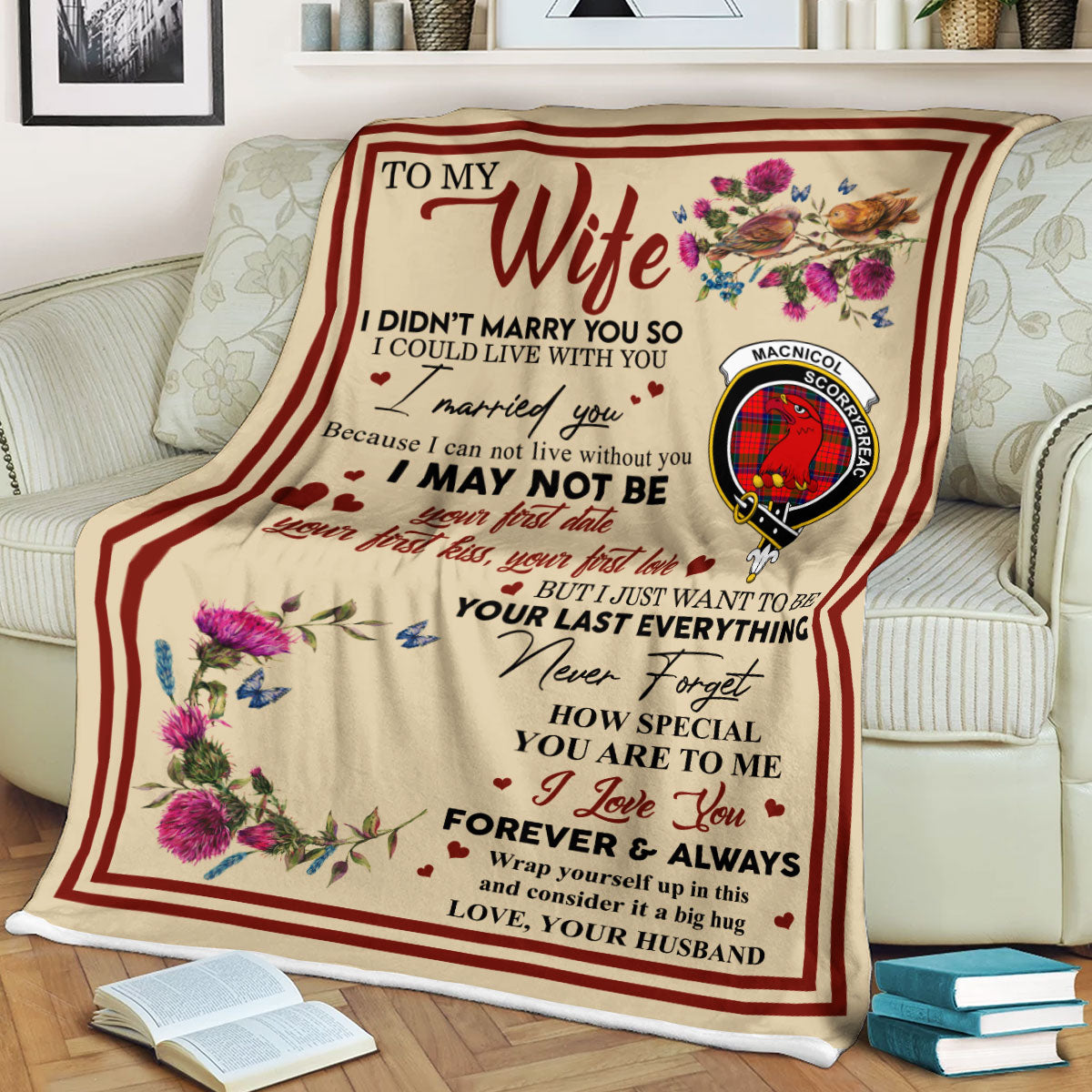 Scots Print Blanket - MacNicol (of Scorrybreac) Tartan Crest Blanket To My Wife Style, Gift From Scottish Husband