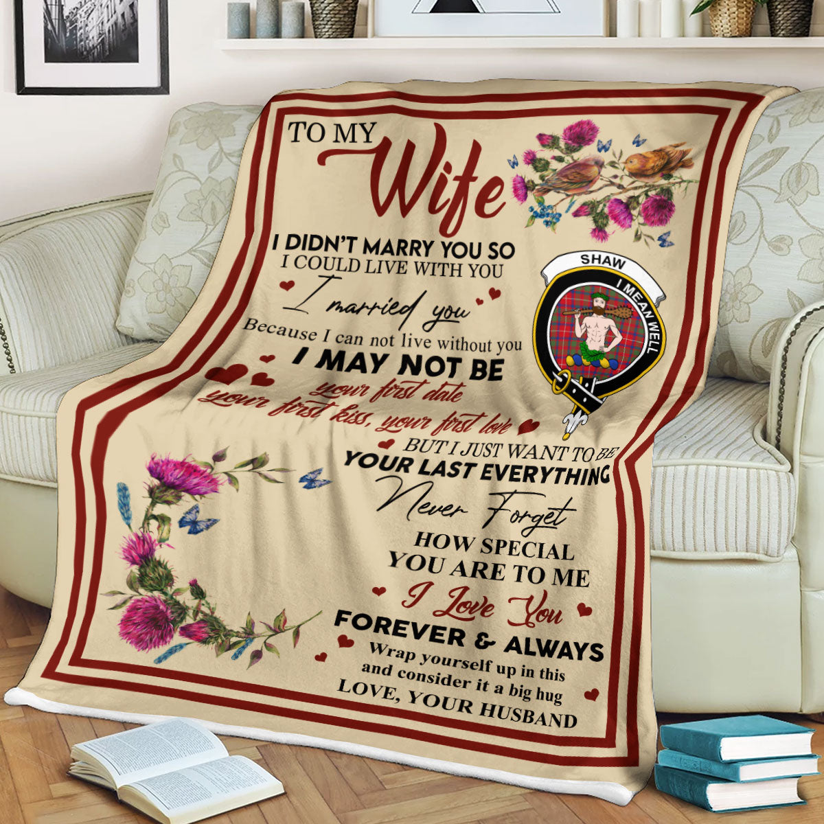 Scots Print Blanket - Shaw (of Sauchie) Tartan Crest Blanket To My Wife Style, Gift From Scottish Husband
