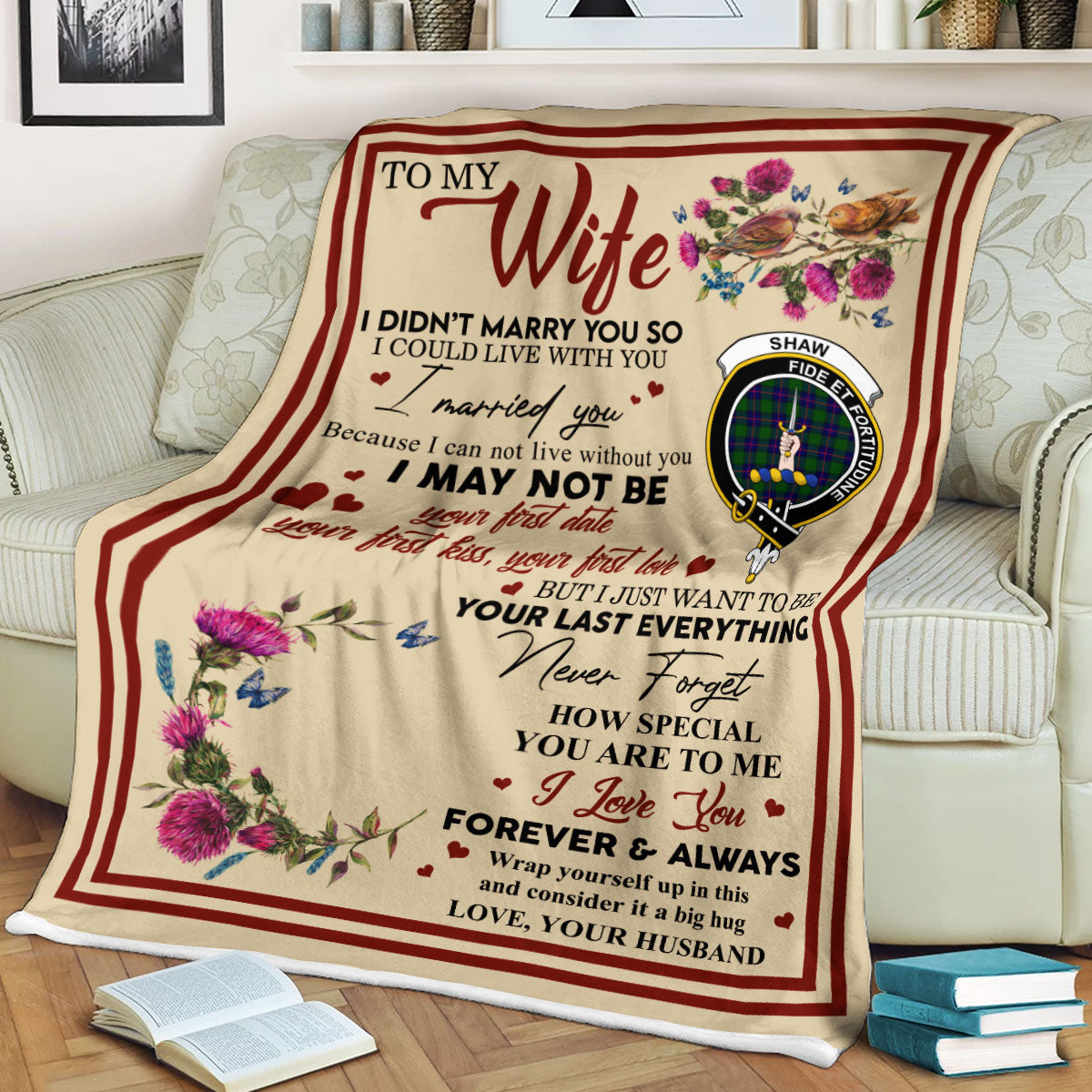 Scots Print Blanket - Shaw (of Tordarroch) Tartan Crest Blanket To My Wife Style, Gift From Scottish Husband