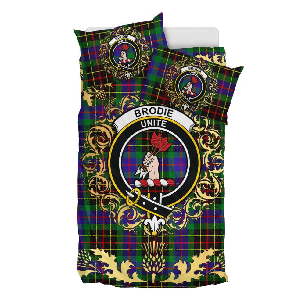 Brodie Hunting Modern Tartan Crest Bedding Set - Golden Thistle Style